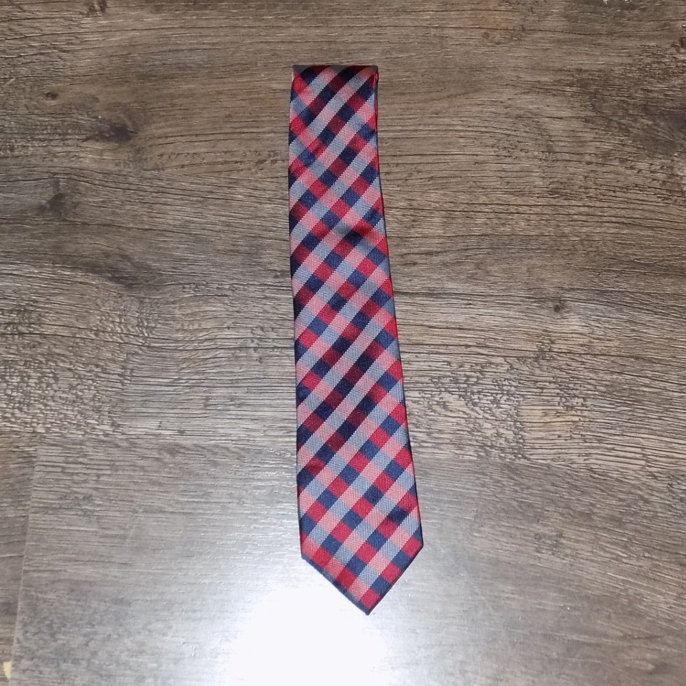 IZOD Necktie Mens OS Red White Blue Good Gingham Checkered Polyester Classic